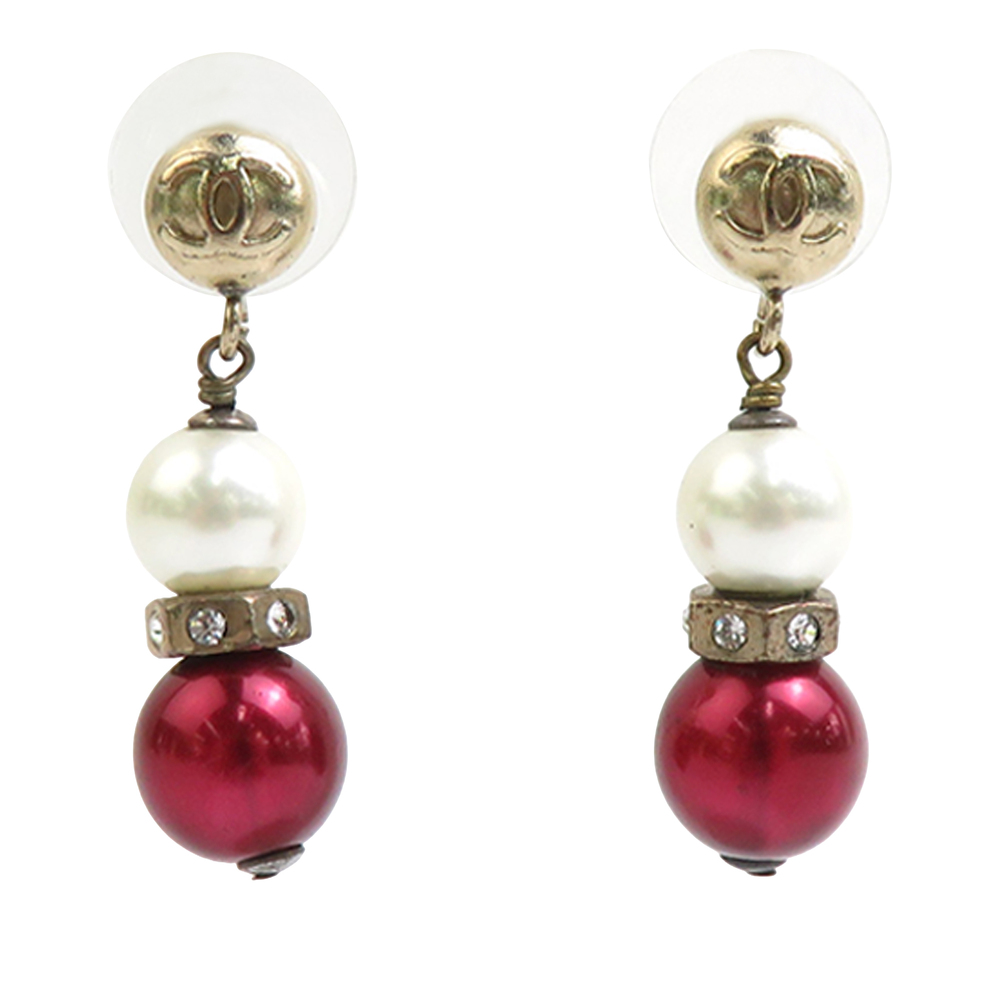 Pre-Loved Chanel CC Gold Plated Faux Pearl Strass Bullet Back Earrings